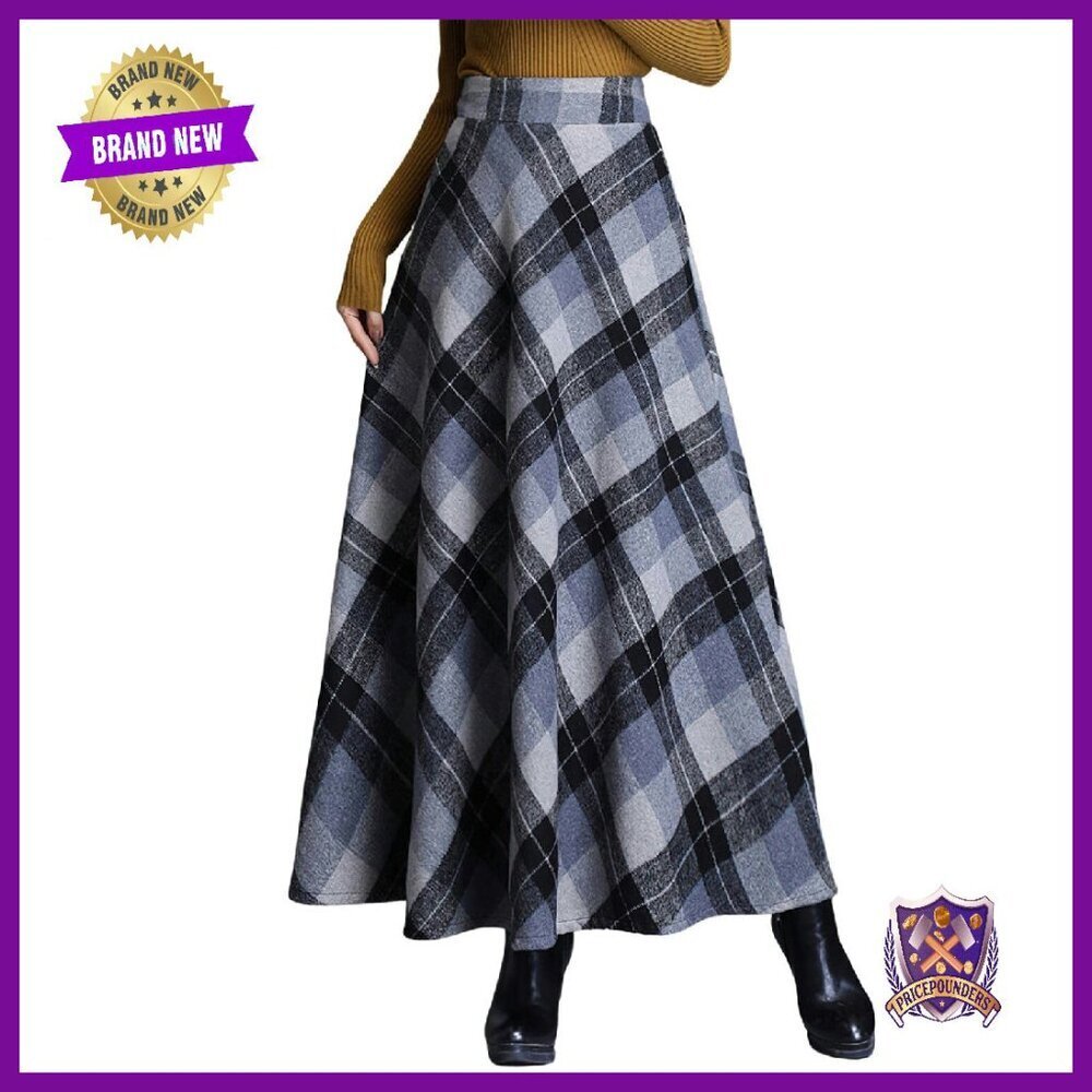 Wool Plaid Maxi Skirt High Waist A-Line with Pockets